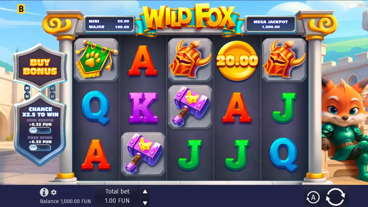 Interface do slot Wild Fox com o personagem raposa cavaleiro